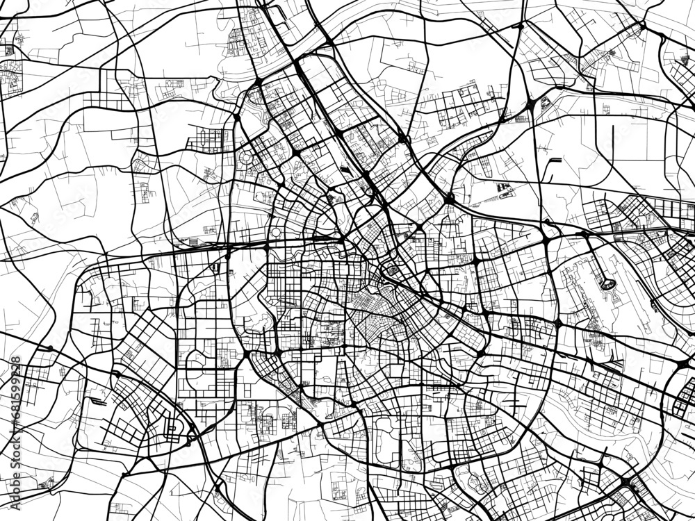 Vector road map of the city of Tianjin in the People's Republic of China (PRC) with black roads on a white background.