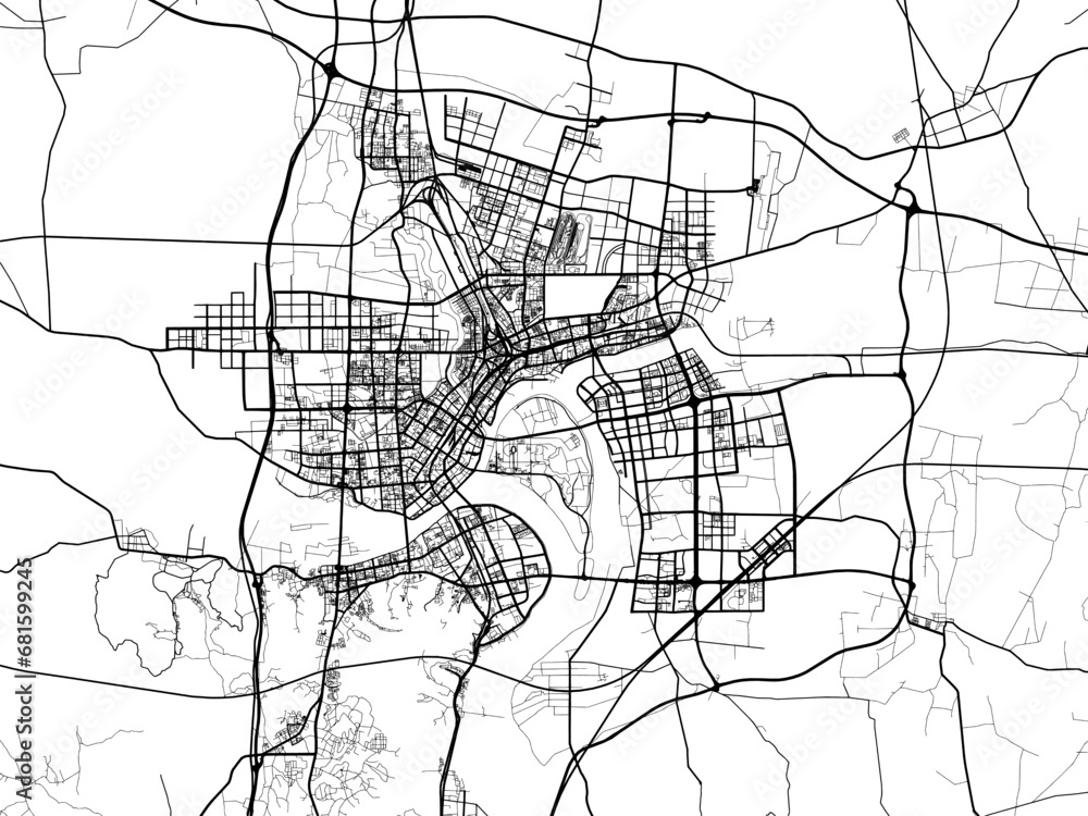 Fototapeta premium Vector road map of the city of Xiangyang in the People's Republic of China (PRC) with black roads on a white background.