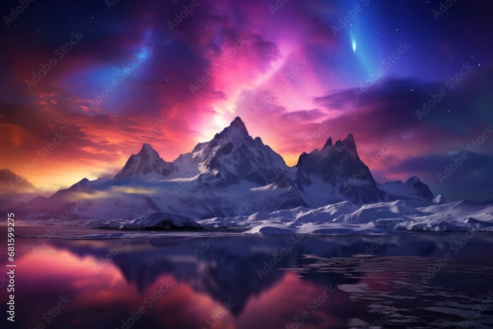  a mountain range is reflected in a body of water under a purple and blue sky with stars and a pink and purple aurora light in the middle of the sky.