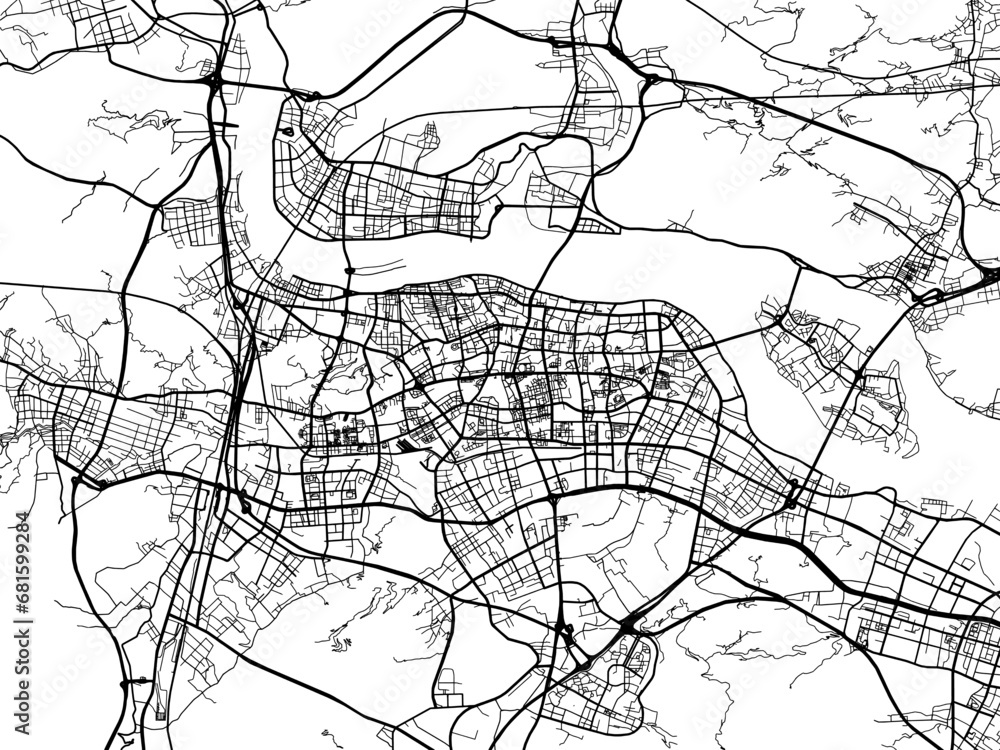 Vector road map of the city of Wenzhou in the People's Republic of China (PRC) with black roads on a white background.