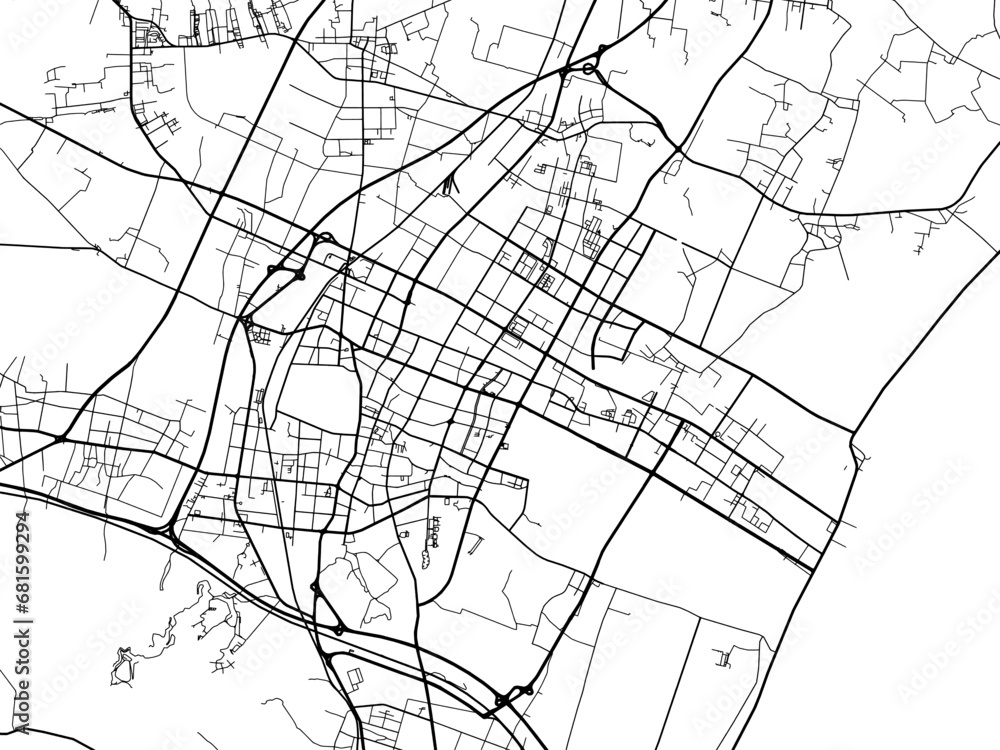 Vector road map of the city of Yixing in the People's Republic of China (PRC) with black roads on a white background.