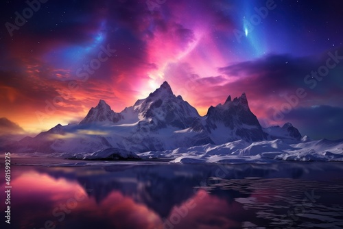  a mountain range is reflected in a body of water under a purple and blue sky with stars and a pink and purple aurora light in the middle of the sky.
