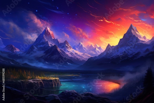  a painting of a mountain range with a lake in the foreground and a sky filled with stars and clouds, with a red and orange sunset in the background.