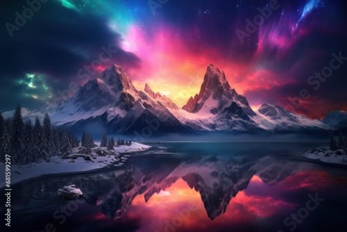  a painting of a mountain range with a lake in the foreground and a colorful sky filled with stars and clouds in the background, with a reflection in the water.