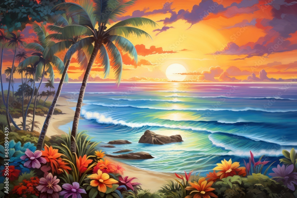  a painting of a sunset on a tropical beach with palm trees and flowers on the shore of a body of water with a rock in the middle of the water.