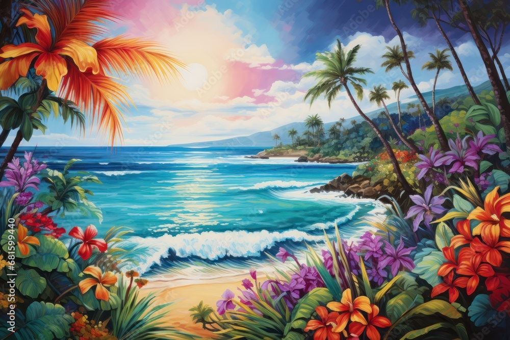  a painting of a tropical beach scene with palm trees and flowers in the foreground and the ocean on the far side of the painting is a bright blue sky.