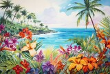  a painting of a tropical scene with flowers and palm trees in the foreground and a body of water in the background with blue sky and clouds in the background.