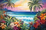  a painting of a tropical sunset with palm trees and flowers in the foreground and a large body of water in the background with a mountain range in the distance.