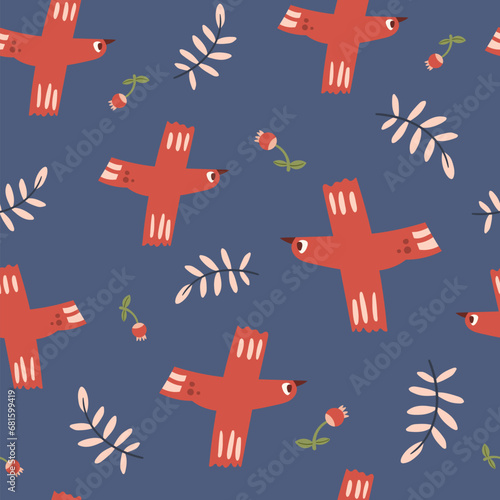 Folk scandi seamless pattern - birds, leaves, flowers, branches in scandinavian nordic style, ethnic floral repeating motives on background for wrapping, textile, digital or scrapbook paper