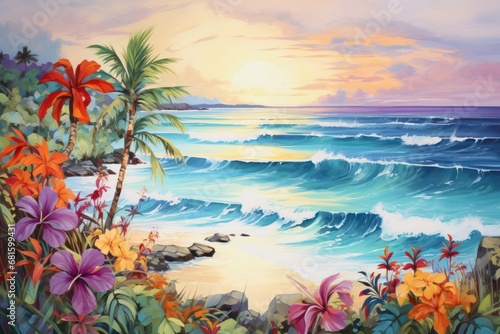  a painting of a tropical beach with flowers and palm trees in the foreground and the ocean in the background, with a sunset in the middle of the painting.