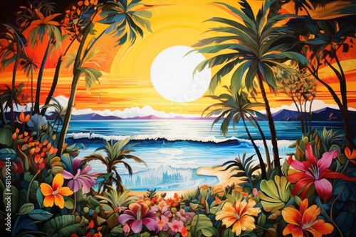  a painting of a tropical sunset with palm trees and flowers in the foreground and a body of water in the background with a yellow sun setting in the distance.