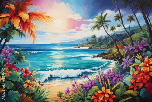  a painting of a tropical beach scene with palm trees and flowers in the foreground and the ocean on the far side of the painting is a bright blue sky.