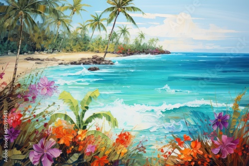  a painting of a tropical beach with palm trees and flowers in the foreground and a body of water in the background with a rocky shore and palm trees in the foreground.