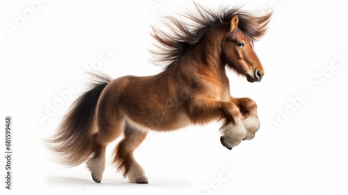 a Shetland pony with a wild mane and tail rising with its front hooves against a white background