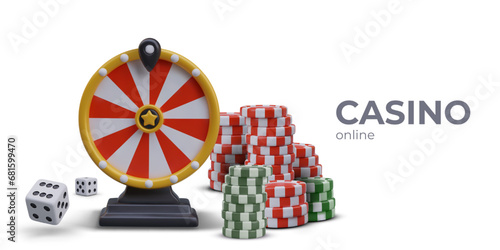 Realistic wheel of fortune, stacks of poker chips, gambling dice. Vector composition on white background. Commercial illustration for online gambling. Modern casino