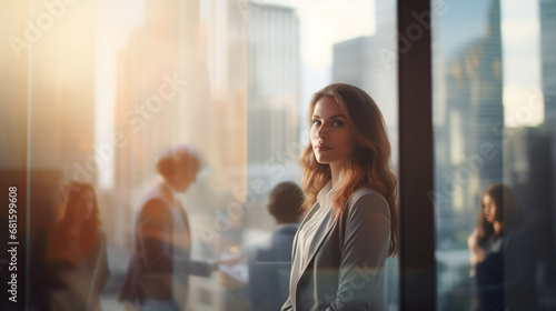 Business woman sitting in an city skyline window office boardroom with her team on Defocused Bokeh flare office background photo