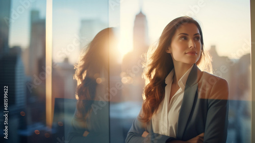 Business woman sitting in an city skyline window office boardroom with her team on Defocused Bokeh flare office background