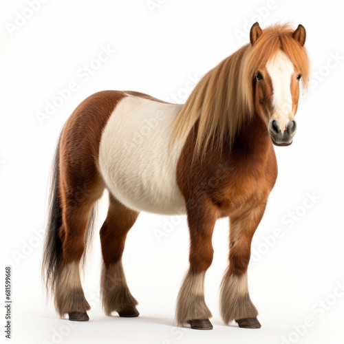 brown white pony portrait standing in front of a white background