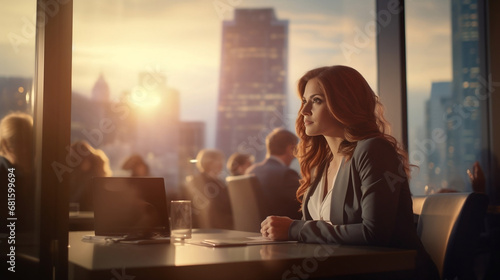 Business woman sitting in an city skyline window office boardroom with her team on Defocused Bokeh flare office background