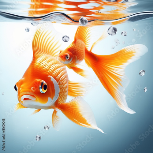 Goldfish in an aquarium on a white background. Concept of success or job search.