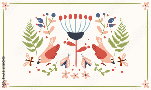 Folk art ready to use vector print in Scandinavian and Nordic style, hygge isolated design on white. Composition with classic ethnic elements. The scandi folk motif - mirror reflected birds flowers