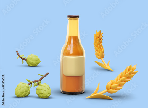 Realistic beer bottle with blank label, mockup. 3D wheat spikes, green hops. Set of vector elements for advertising organic beer, design of flyer, sign, menu