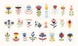 Folk flowers clip arts vector set in Scandinavian and Nordic style, hygge florals isolated designs on white. Collection of classic ethnic elements. Funny scandi folkloric botanical motifs