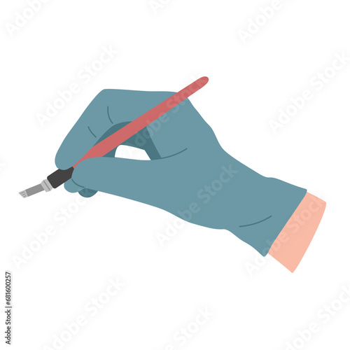 Flat hand in a medical glow holding professional tool for eyebrows microblading. Professional equipment for brows permanent tattoo. Vector pen for brow master of tattooing and correction