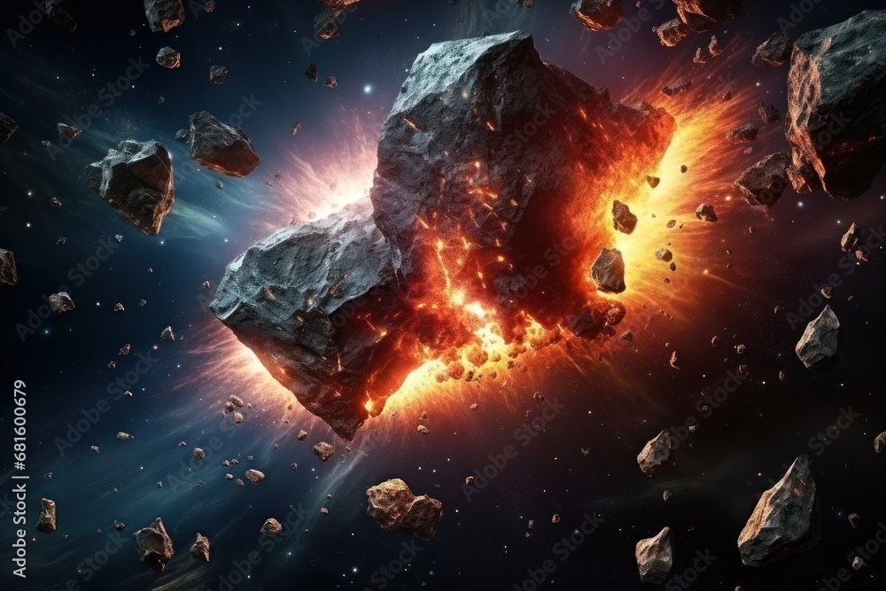  an artist's impression of a massive explosion of rocks and debris in a space with a star in the foreground and a distant view of a distant object in the foreground.