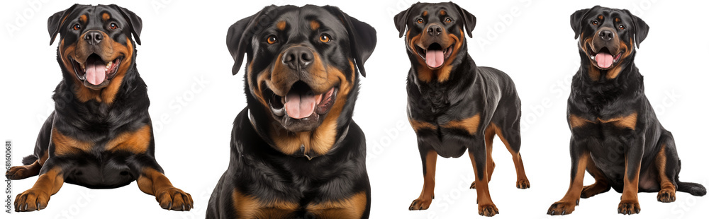 Happy rottweiler dog collection (sitting, portrait, standing, lying) isolated on white background, animal bundle