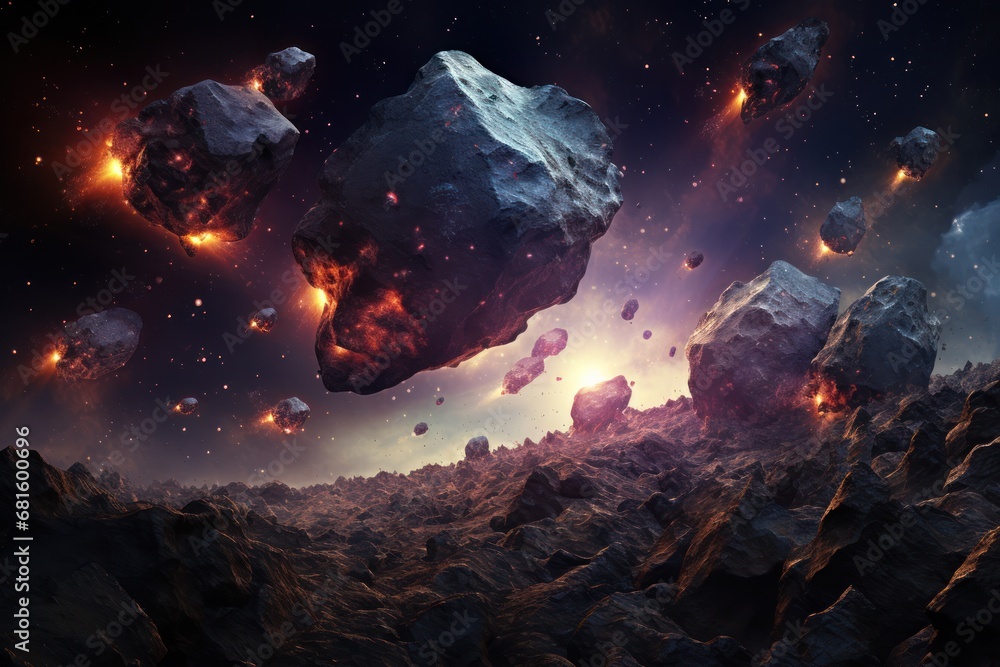  an artist's rendering of a space scene with rocks and stars in the foreground and a cluster of rocks in the foreground, and a distant star cluster in the background.