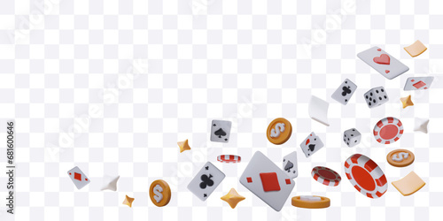Realistic flying playing cards, red chips for poker, and cubes. Concept of online casino elements for poster. Vector illustration in 3D style with place for text