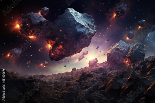  an artist's rendering of a space scene with rocks and stars in the foreground and a cluster of rocks in the foreground, and a distant star cluster in the background.