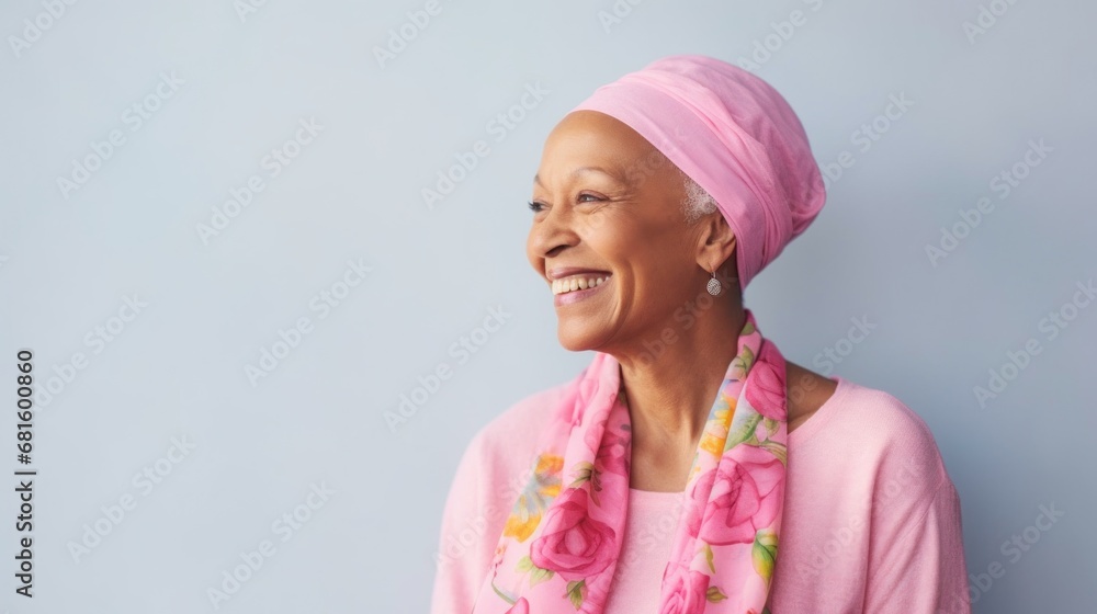 Woman triumphing over cancer, bald and smiling, adorned in pastel shades, in a studio setting. Woman triumphing over cancer, bald and smiling, adorned in pastel shades, in a studio setting.