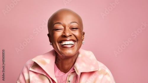 A cheerful bald patient, wearing pastels, exudes joy against a pastel studio backdrop.