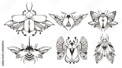 Mystical celestial beetle or bug outline clipart bundle, magic black and white insects silhouettes in vector, unreal hand drawn entomological isolated elements set