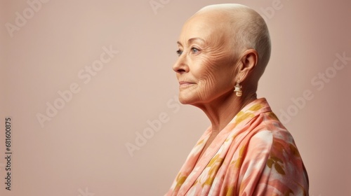 Studio photo of a bald cancer patient in pastel attire, radiating happiness.
