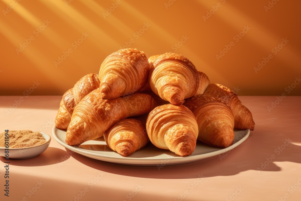  a pile of croissants on a plate next to a small bowl of powdered sugar on a pink tablecloth with a yellow wall in the background.