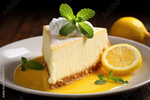  a slice of cheesecake on a white plate with a lemon and mint garnish on top of the cheesecake and the rest of the cheesecake on the plate.
