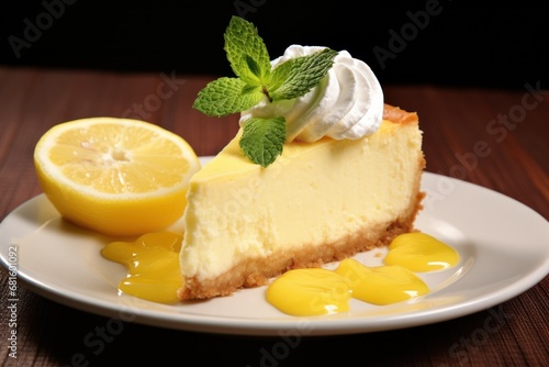  a slice of cheesecake on a white plate with a lemon and whipped cream garnish on the top of the cheesecake  with a green leaf  on a wooden table.