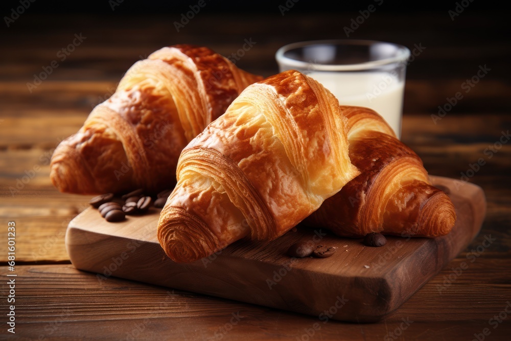 a couple of croissants sitting on top of a wooden cutting board next to a glass of milk and a wooden cutting board with coffee beans on it. a couple of croissants sitting on top of a wooden cutting board next to a glass of milk and a wooden cutting board with coffee beans on it.
