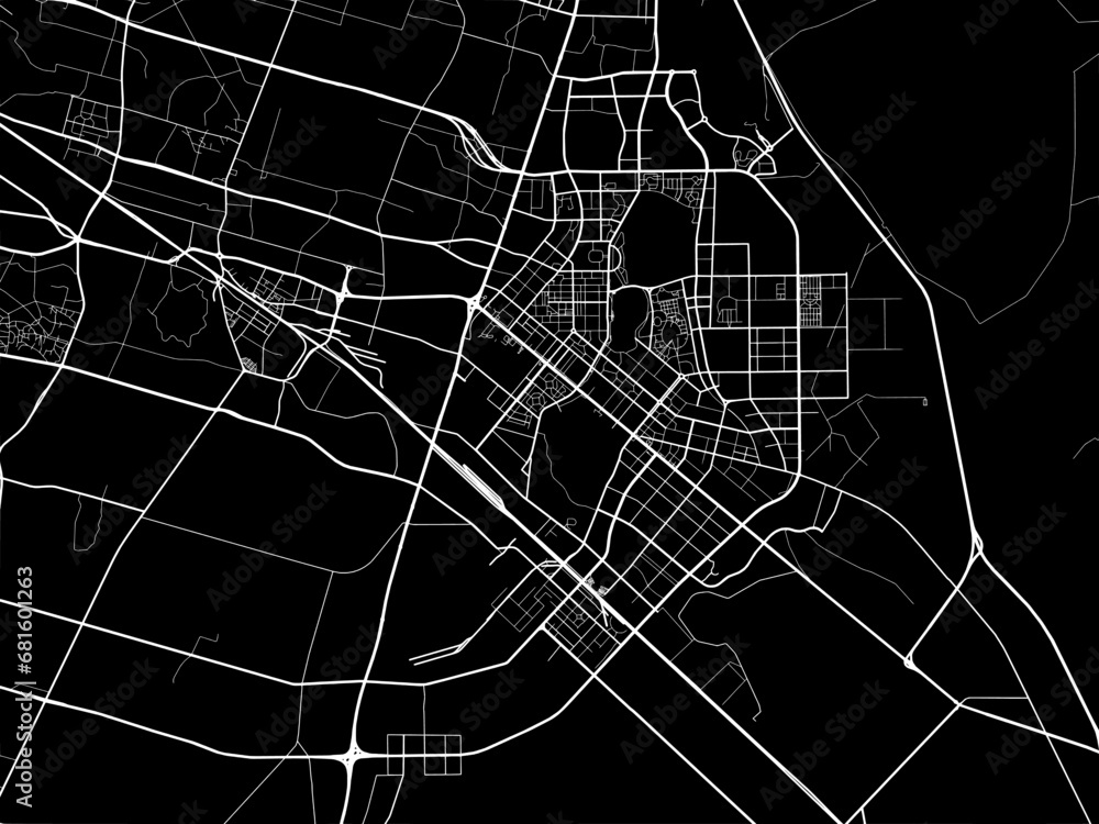 Vector road map of the city of Daqing in People's Republic of China (PRC) with white roads on a black background.