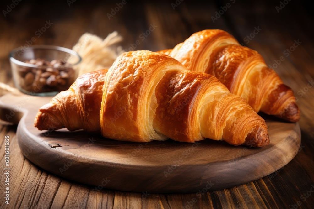 a couple of croissants sitting on top of a wooden cutting board next to a bowl of oatmeal and a spoon on a wooden table.