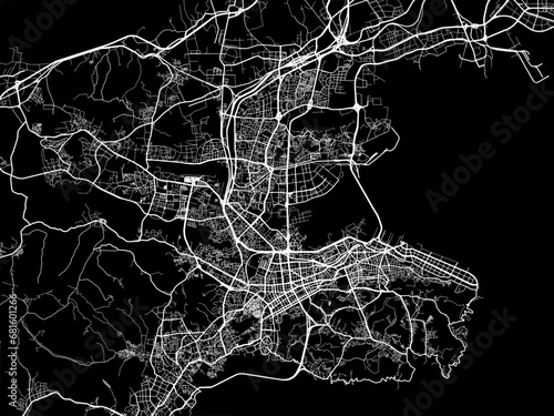 Vector road map of the city of Dalian in People's Republic of China (PRC) with white roads on a black background.