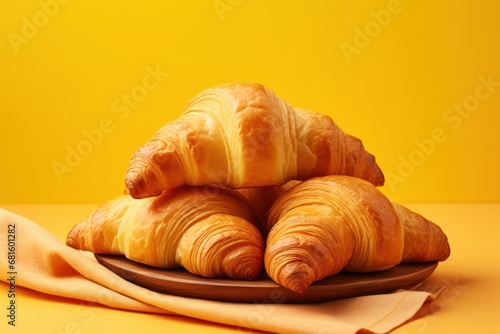  a pile of croissants sitting on top of a brown plate on top of a yellow tablecloth next to a yellow napkin on a wooden plate with a yellow background.