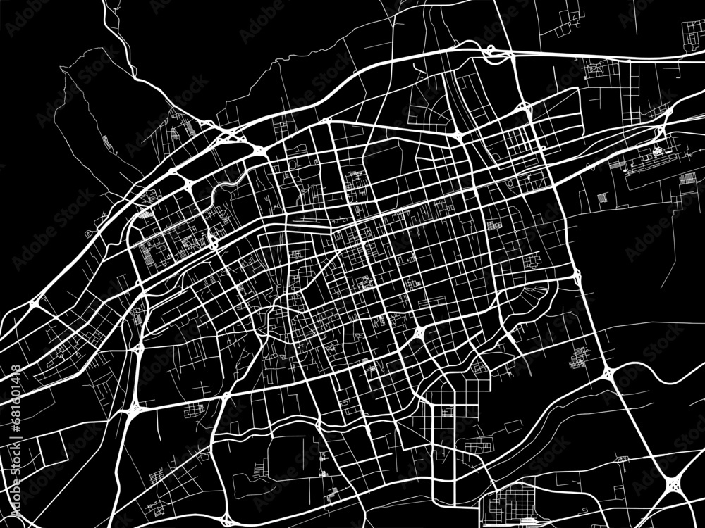 Fototapeta premium Vector road map of the city of Hohhot in People's Republic of China (PRC) with white roads on a black background.