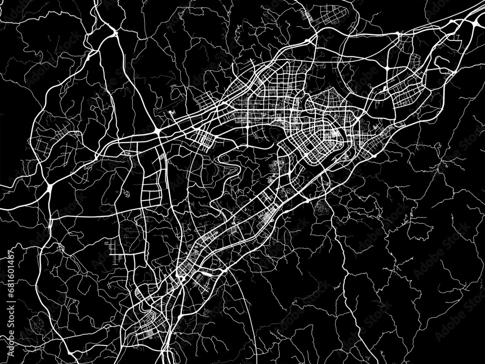Vector road map of the city of Ganzhou in People's Republic of China (PRC) with white roads on a black background.