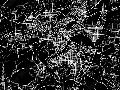 Vector road map of the city of Hangzhou in People's Republic of China (PRC) with white roads on a black background.