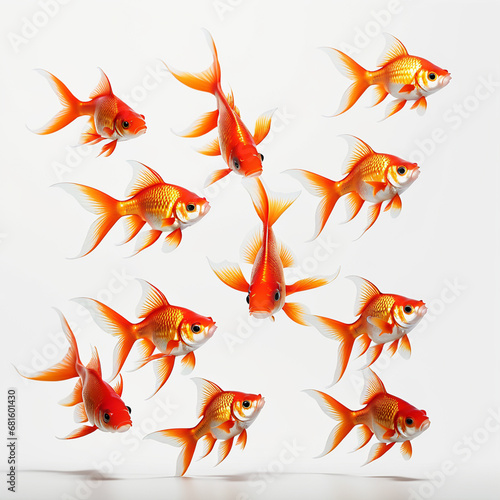 Several goldfish on a white background. Success or job search concept.