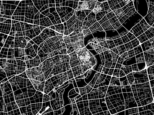 Photography Vector road map of the city of Shanghai city center in People's Republic of China (PRC) with white roads on a black background